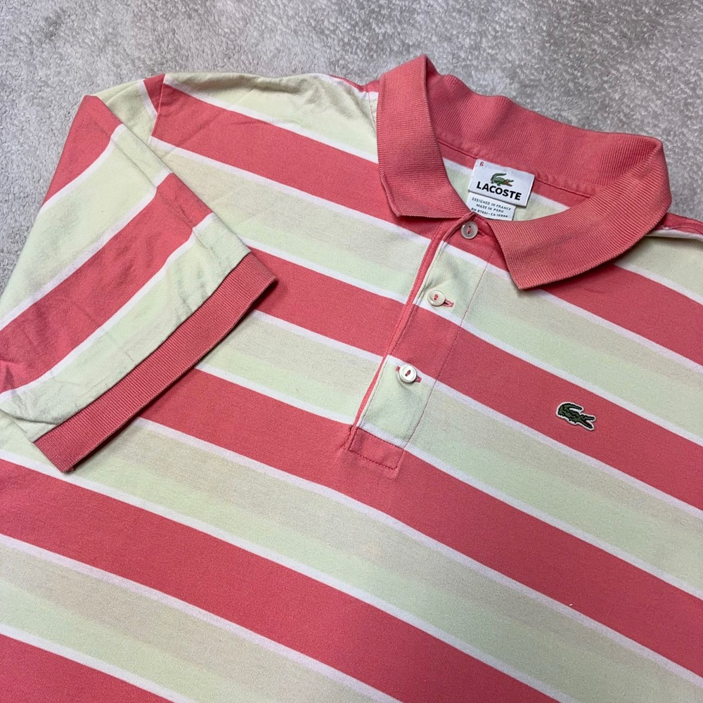 Lacoste Striped Polo Shirt Pima Cotton Pink Yellow 5191L Made in Peru Mens 6 XL